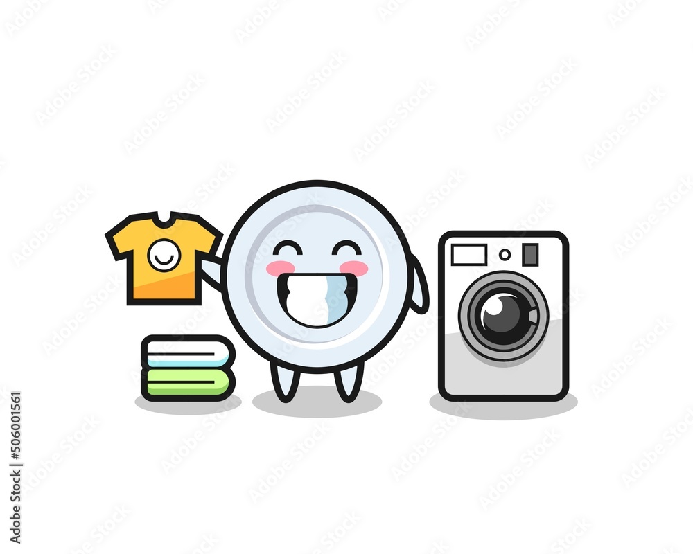 Mascot cartoon of plate with washing machine
