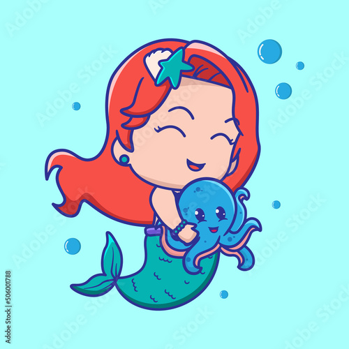 Cute little mermaid hugging a octopus, for kids fashion artworks, children books, greeting cards. vector illustration.