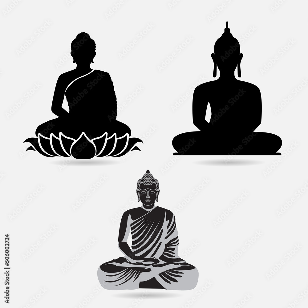 Collection of lord buddha silhouette vector illustration. Pack of lord buddha silhouette. - obrazy, fototapety, plakaty 