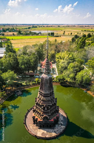 Fotografie, Obraz Aerial view of Wat Huai Kaeo or Wat Huay Kaew pagoda temple in Lopburi,Thailand