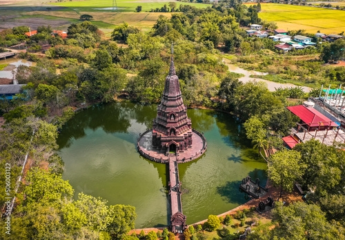 Aerial view of Wat Huai Kaeo or Wat Huay Kaew pagoda temple in Lopburi,Thailand photo