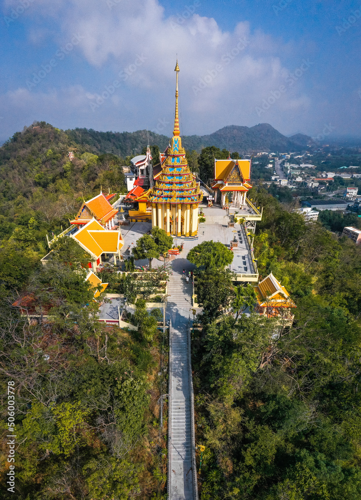 Aerial view of Wat Sangkat Rattana Khiri temple in Uthai Thani, Thailand