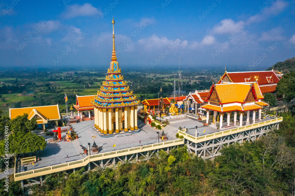 Naklejka premium Aerial view of Wat Sangkat Rattana Khiri temple in Uthai Thani, Thailand