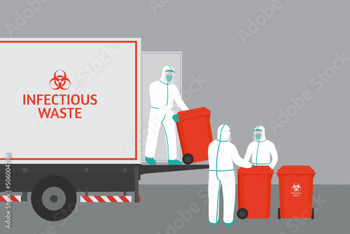 Medical personnel moving infectious waste to be disposed of properly