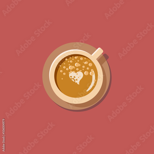 Cup of espresso coffee with foam art heart and bubbles. Top view
