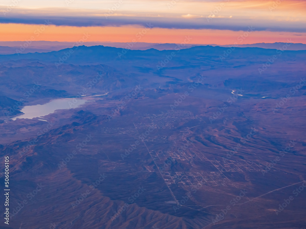 Aerial view of the Meadview city and Colorado river
