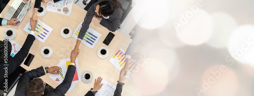 Canvas Print Group business people handshake at meeting table in office together with confident shot from top view