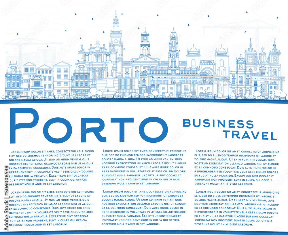 Outline Porto Portugal City Skyline with Blue Buildings and Copy Space.