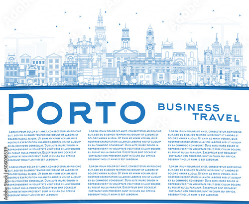 Outline Porto Portugal City Skyline with Blue Buildings and Copy Space.