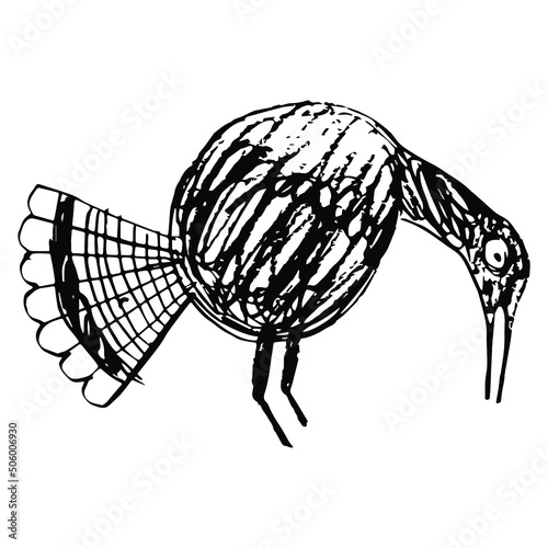 Stylized funny pecking bird. Native American art of Pueblo Mogollon Indians. Mimbres pottery. Hand drawn linear doodle rough sketch. Black silhouette on white background.
