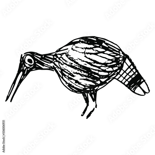 Stylized funny pecking bird. Native American art of Pueblo Mogollon Indians. Mimbres pottery. Hand drawn linear doodle rough sketch. Black silhouette on white background.