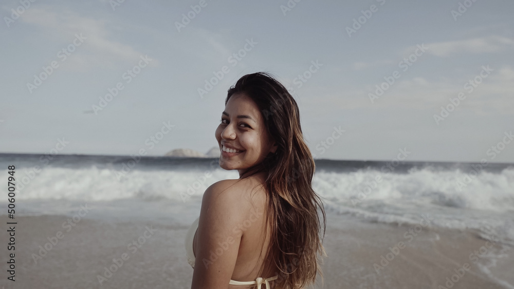 Latin young girl, famous beach Rio de Janeiro, Brazil. Latin summer vacation holiday. Latin young girl, famous beach Rio de Janeiro, Brazil. Latin summer vacation holiday.