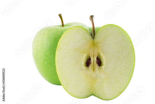 Group of green apple fruits with half and leaf isolated on white background