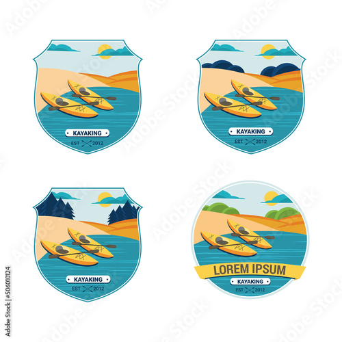 Set of four labels for canoes and kayaks. vector illustration.