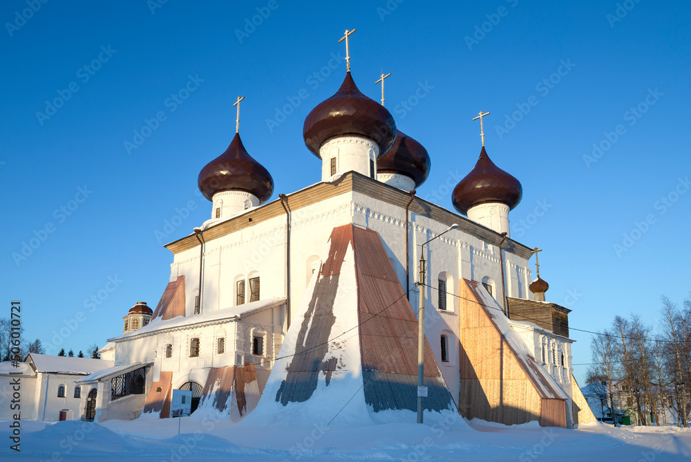 Ancient Cathedral of the Nativity of Christ (1552-1562) on a sunny February day. Kargopol. Arkhangelsk region, Russia