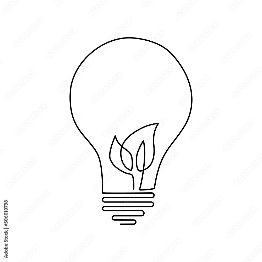 continuous line drawing of Light bulb with leaf on white background. continuous line drawing of Light bulb with leaf on white background.
