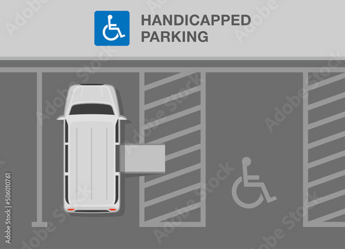 Driving a car. Outdoor parking rules and tips. Disabled parking area. Keep clear wheelchair accessible vehicle space. Flat vector illustration template.