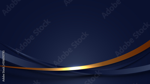 Banner web template abstract blue and golden curved lines overlapping layer design on dark blue background luxury style