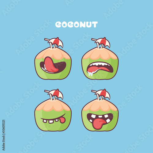 Coconut cartoon. fresh fruit vector illustration. with different mouth expressions