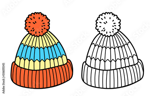 Knitted winter clothes, vector flat illustration. Skarf with pattern photo