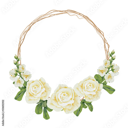 watercolor white rose flower bouquet on dry twig wreath frame vector isolated on white background