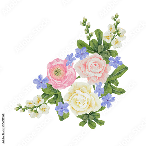 watercolor beautiful pink and white rose, ranunculus and blue Plumbago auriculata plant flower bouquet clipart digital painting