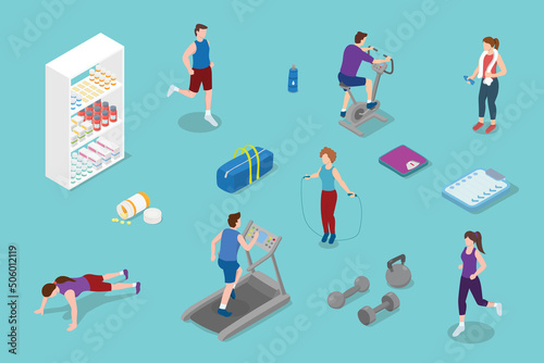 healthy lifestyle people with some sport activity and tools with modern isometric style