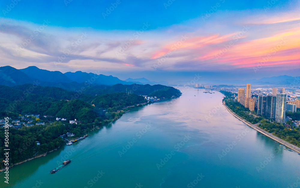 Urban scenery on both sides of Fuchun River, Tonglu County, Zhejiang province, China