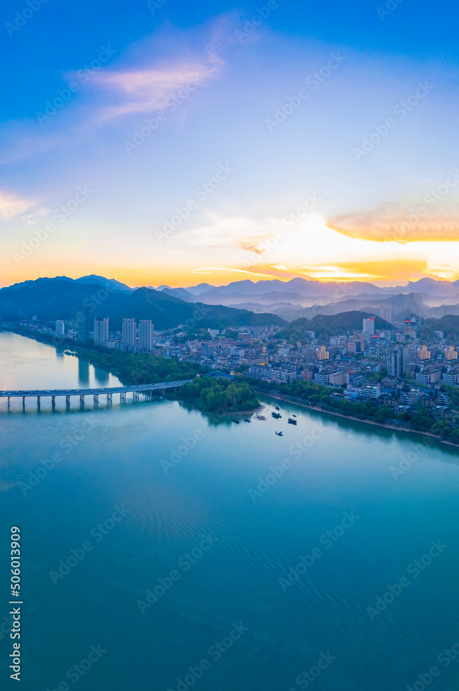 Urban scenery on both sides of Fuchun River, Tonglu County, Zhejiang province, China
