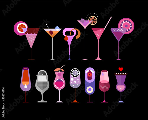 Large set of different cocktail glasses isolated on a dark background. Bundle of vector design elements.