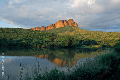 Scenic mountain landscape with water reflection, Marakele National Park, South Africa. photo