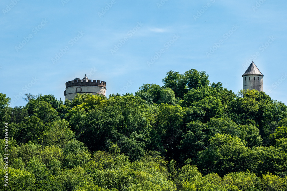 2 towers of a medieval castle with forest and blue sky. Burg Plesse 