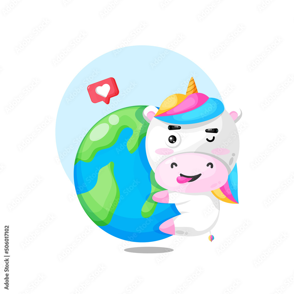 Illustration of cute unicorn hugging the earth Illustration of cute unicorn hugging the earth