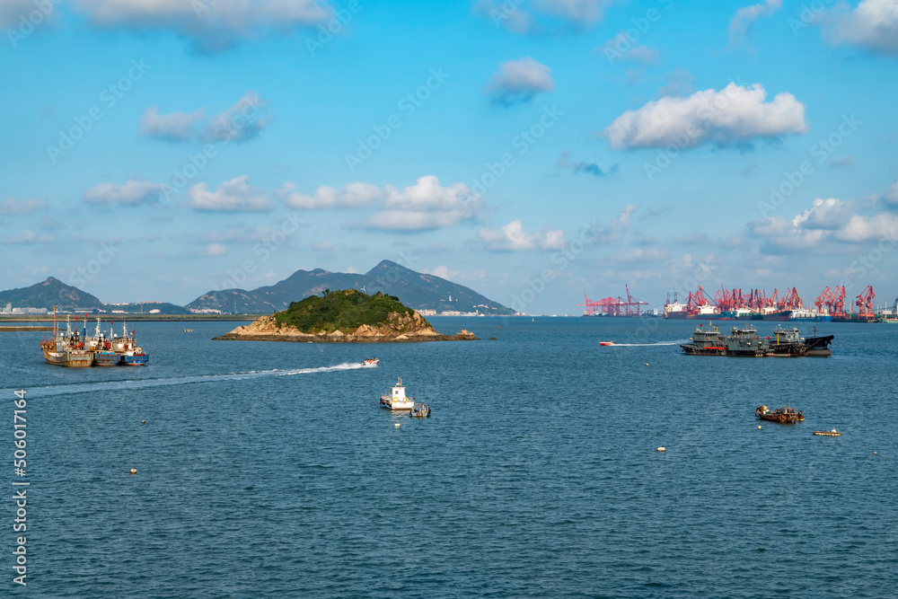 City Shoreline Port Terminal Tower Cranes and Container Logistics City Shoreline Port Terminal Tower Cranes and Container Logistics
