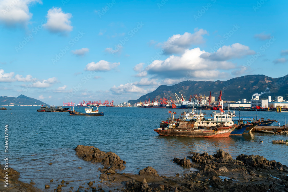 City Shoreline Port Terminal Tower Cranes and Container Logistics
