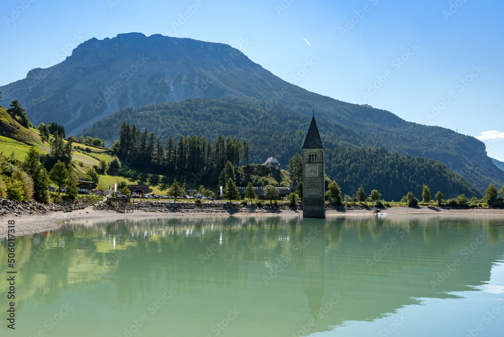 Fototapeta premium Campanile lake Resia, Val Venosta, South Tyrol Italy