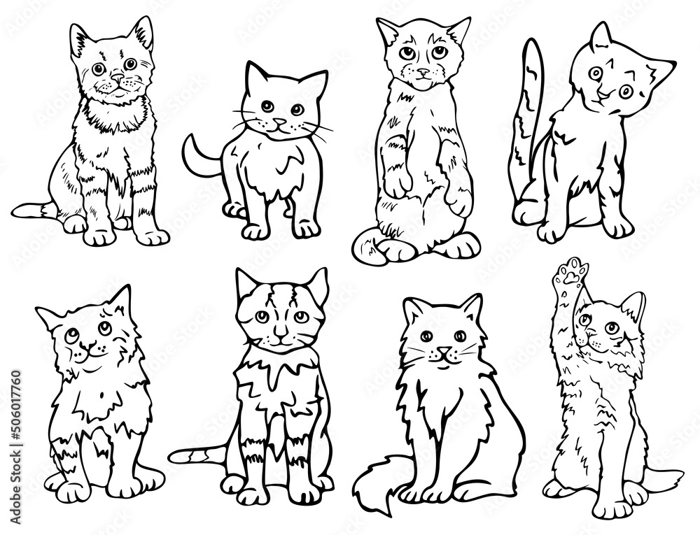 Vector illustration with collection of kittens. Black and white cats. Design for coloring book.