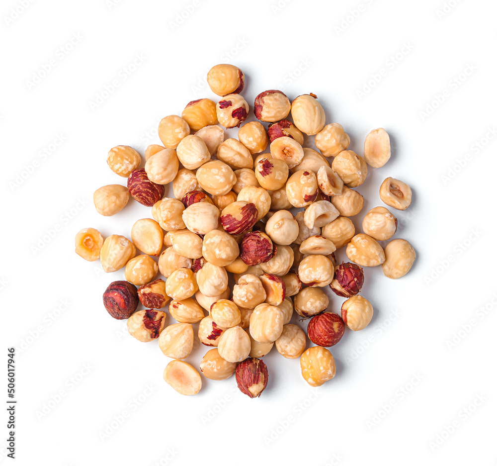 Hazelnut kernels are isolated on a white background. Side view. Hazelnut kernels are isolated on a white background. Side view.