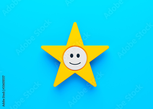 Orange color star shape and face expression icon. On blue color background. Horizontal composition. Isolated with clipping path.