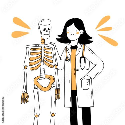 Doctor isolated on white. Flat vector female healthcare professional. Hand drawn vector illustration of medicine worker with stethoscope and skeleton. Positive healthcare worker cartoon character. 