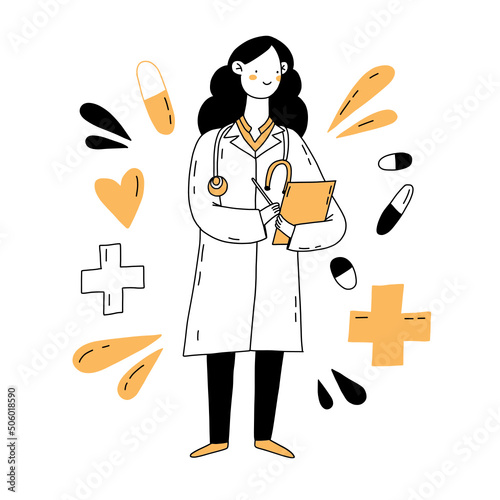Doctor isolated on white. Flat vector female healthcare professional. Hand drawn vector illustration of medicine worker with stethoscope.Positive healthcare worker cartoon character. 