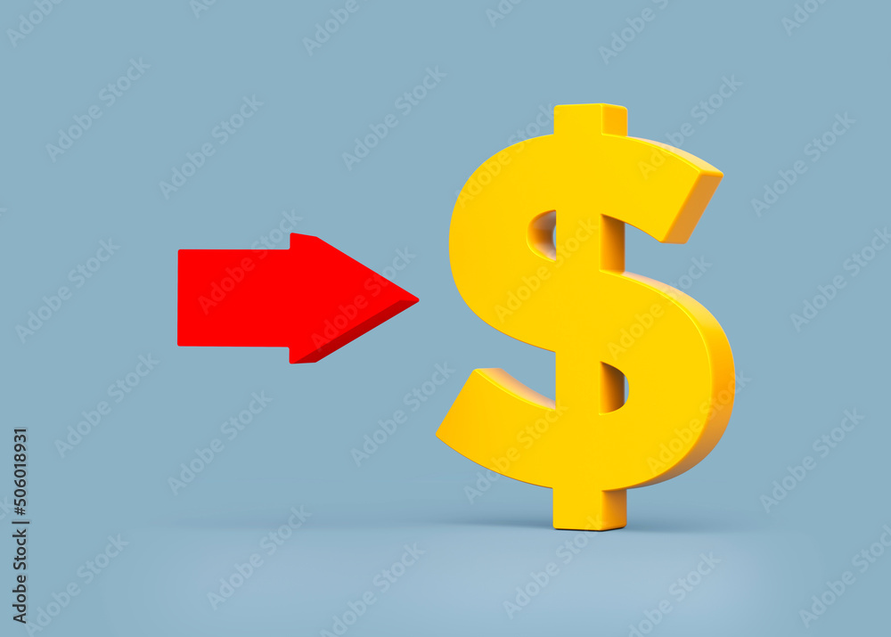 Yellow color dollar symbol and red arrow. On light grayish-blue color background. Horizontal composition. Isolated with clipping path. Yellow color dollar symbol and red arrow. On light grayish-blue color background. Horizontal composition. Isolated with clipping path.