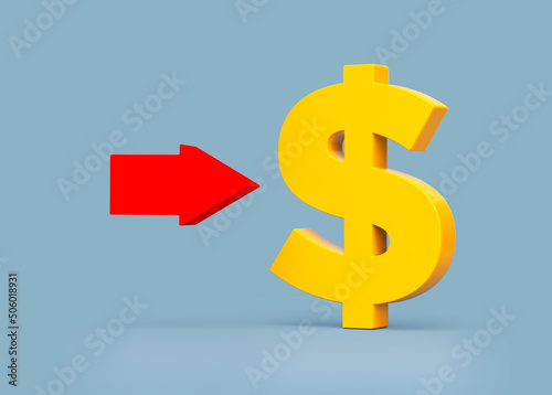 Yellow color dollar symbol and red arrow. On light grayish-blue color background. Horizontal composition. Isolated with clipping path.