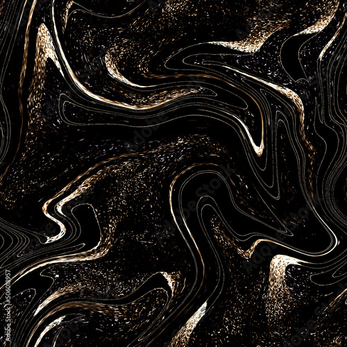 Luxury glossy wallpaper. Golden noise texture with wavy lines, seamless background. Liquid fluid pattern. Mixing of colors with black and golden glitter. Illustration
