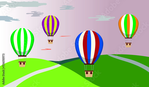 Couple flying hot air balloon above mountains. Air balloon festival vector flat illustration. Romantic summer travel concept.
