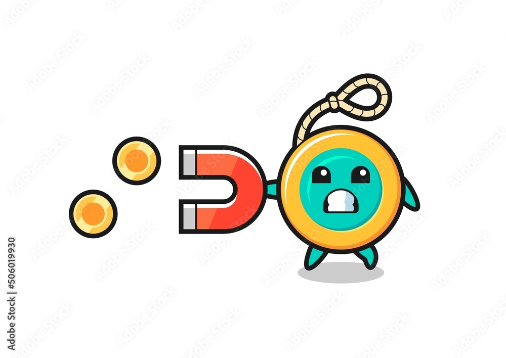 the character of yoyo hold a magnet to catch the gold coins
