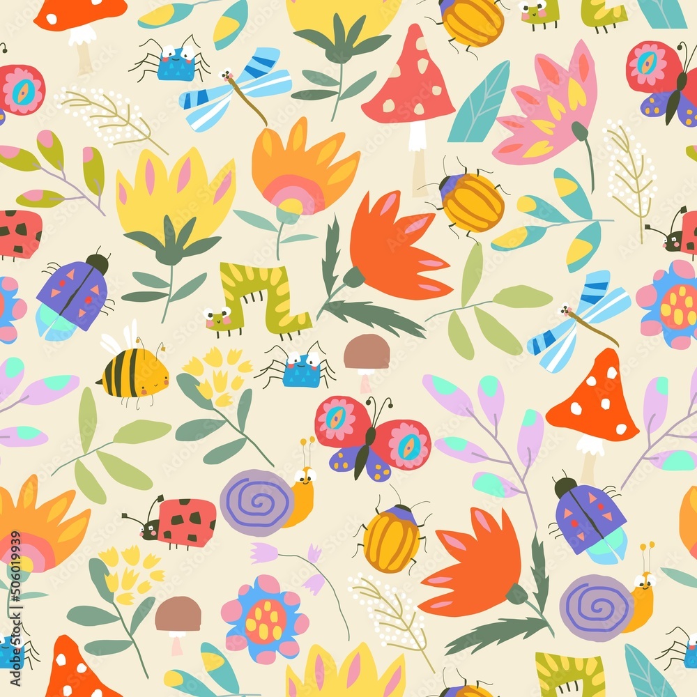 Seamless Pattern with Insects in Summer Plants and Flowers