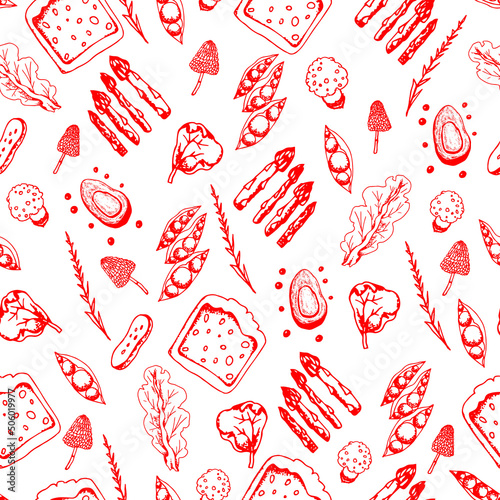 Vegetable patterns of avocado and lettuce for kitchen designs. Juicy vegetables and slices of bread intertwined in a seamless texture for printing on fabric and packaging.