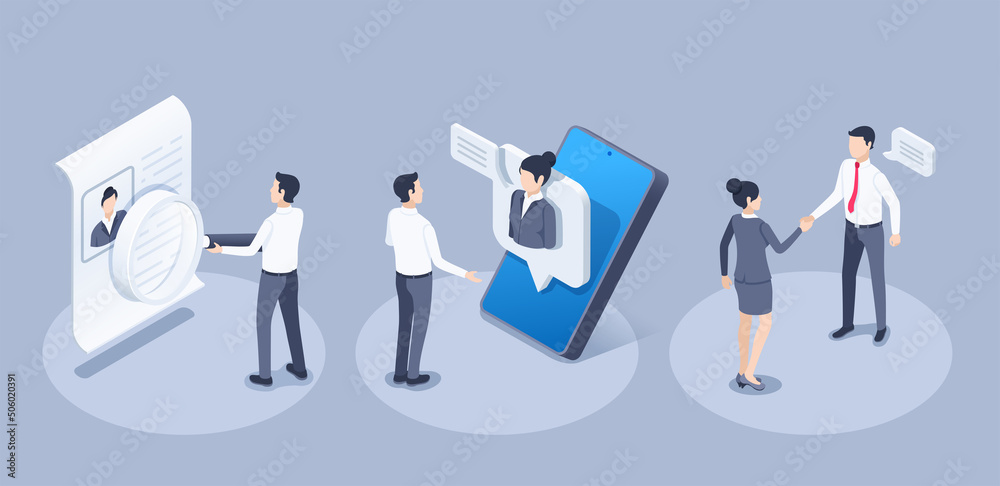 isometric vector illustration on a gray background, people in business clothes communicate online and physically, studying a resume and interviewing a hired worker - obrazy, fototapety, plakaty 