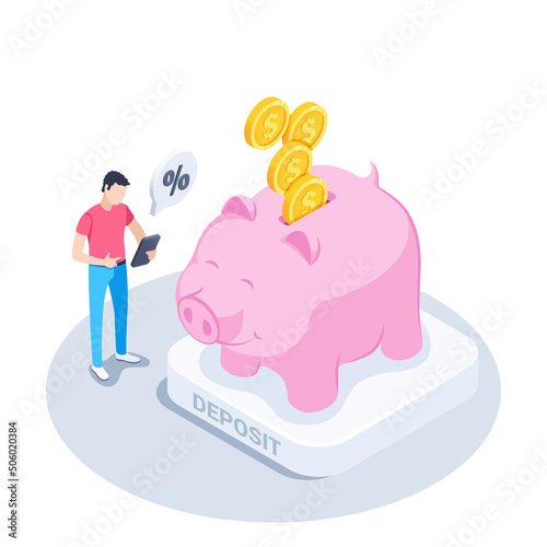 isometric vector illustration on a white background, a man with a smartphone stands next to a piggy bank into which golden coins with a dollar sign fall, income from a deposit